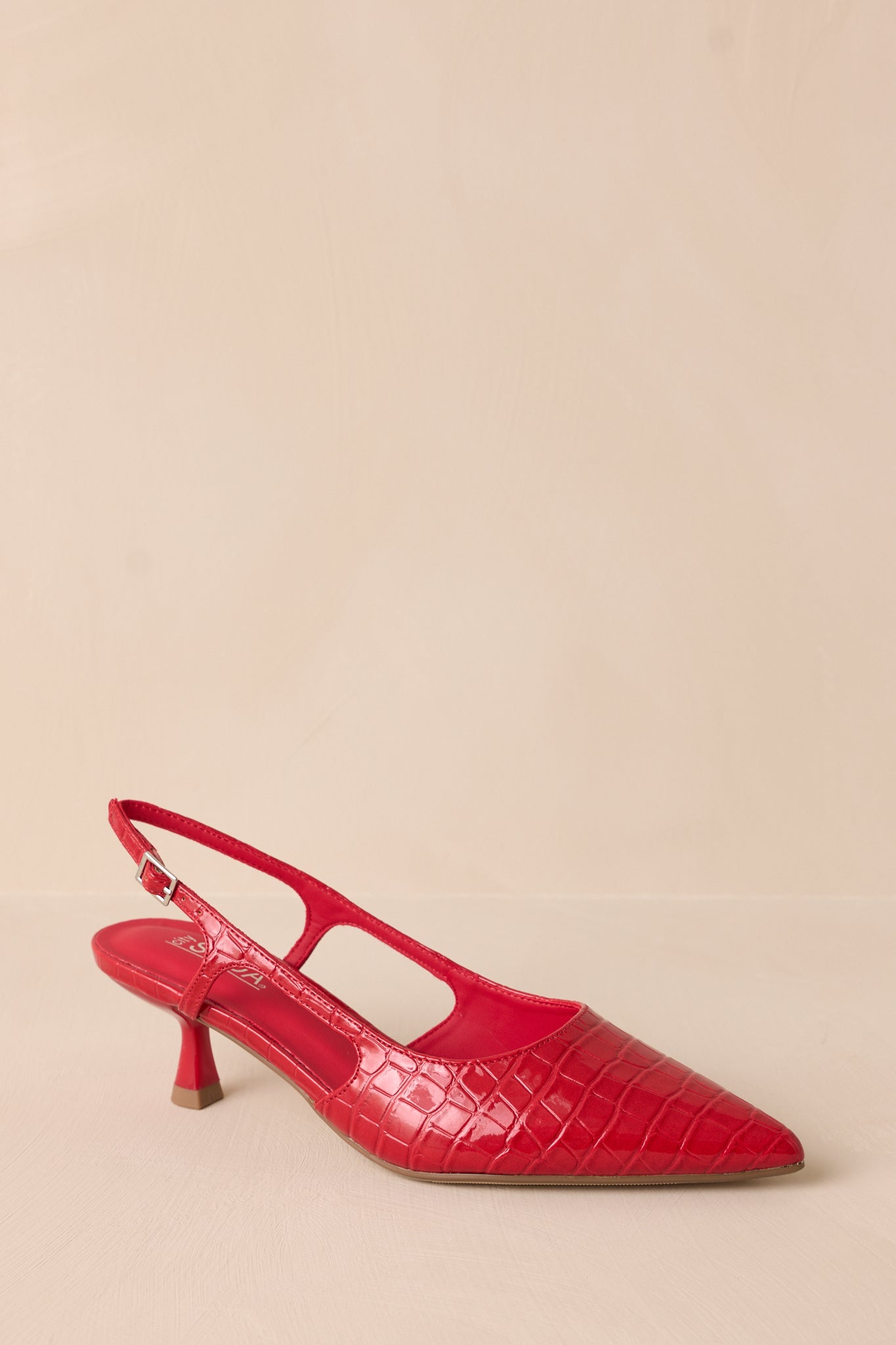 Fiercely Stunned Scarlet Red Crocodile Slingback Kitten Heels