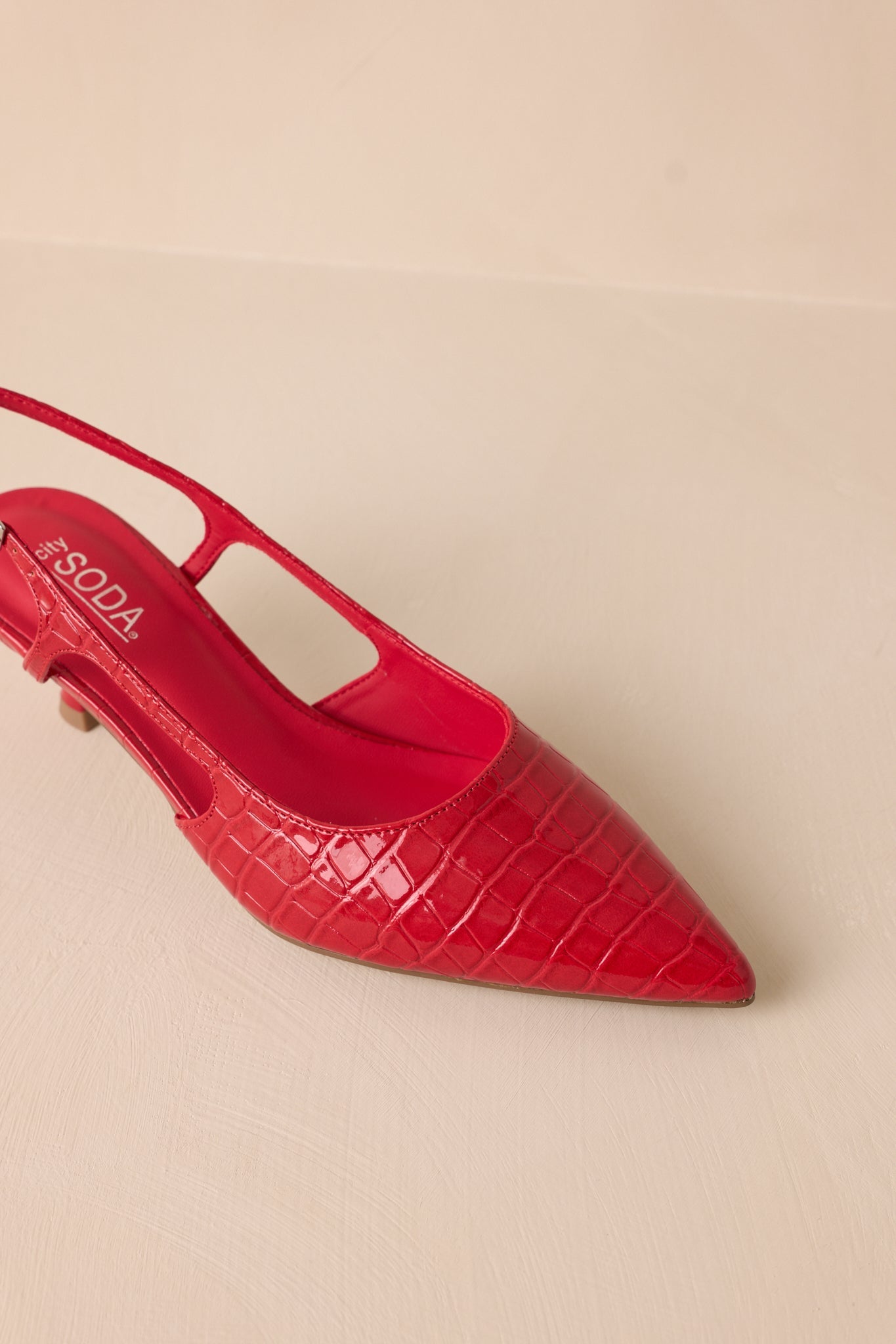 Fiercely Stunned Scarlet Red Crocodile Slingback Kitten Heels