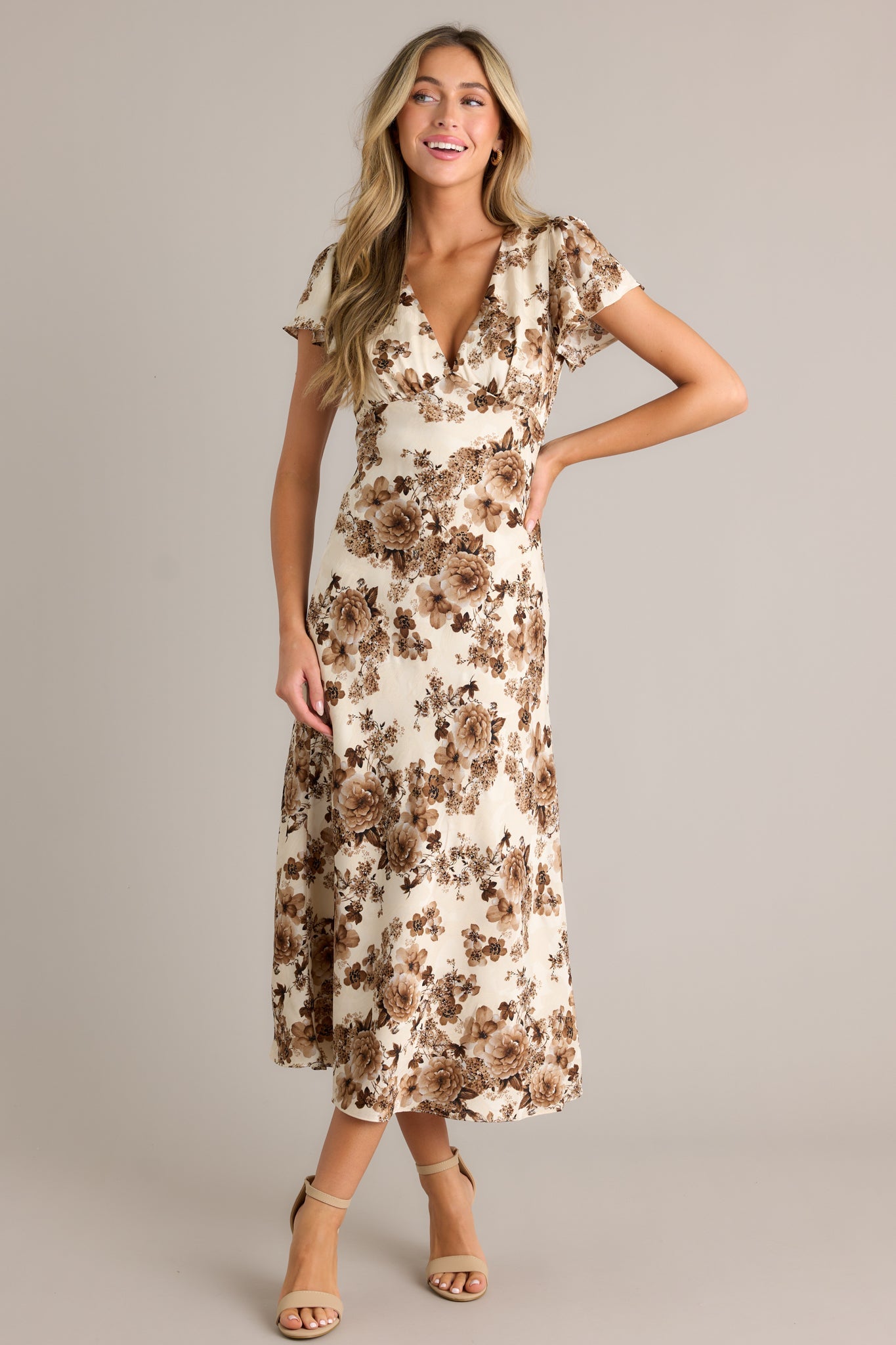 Finer Things Brown Floral Flutter Sleeve Maxi Dress