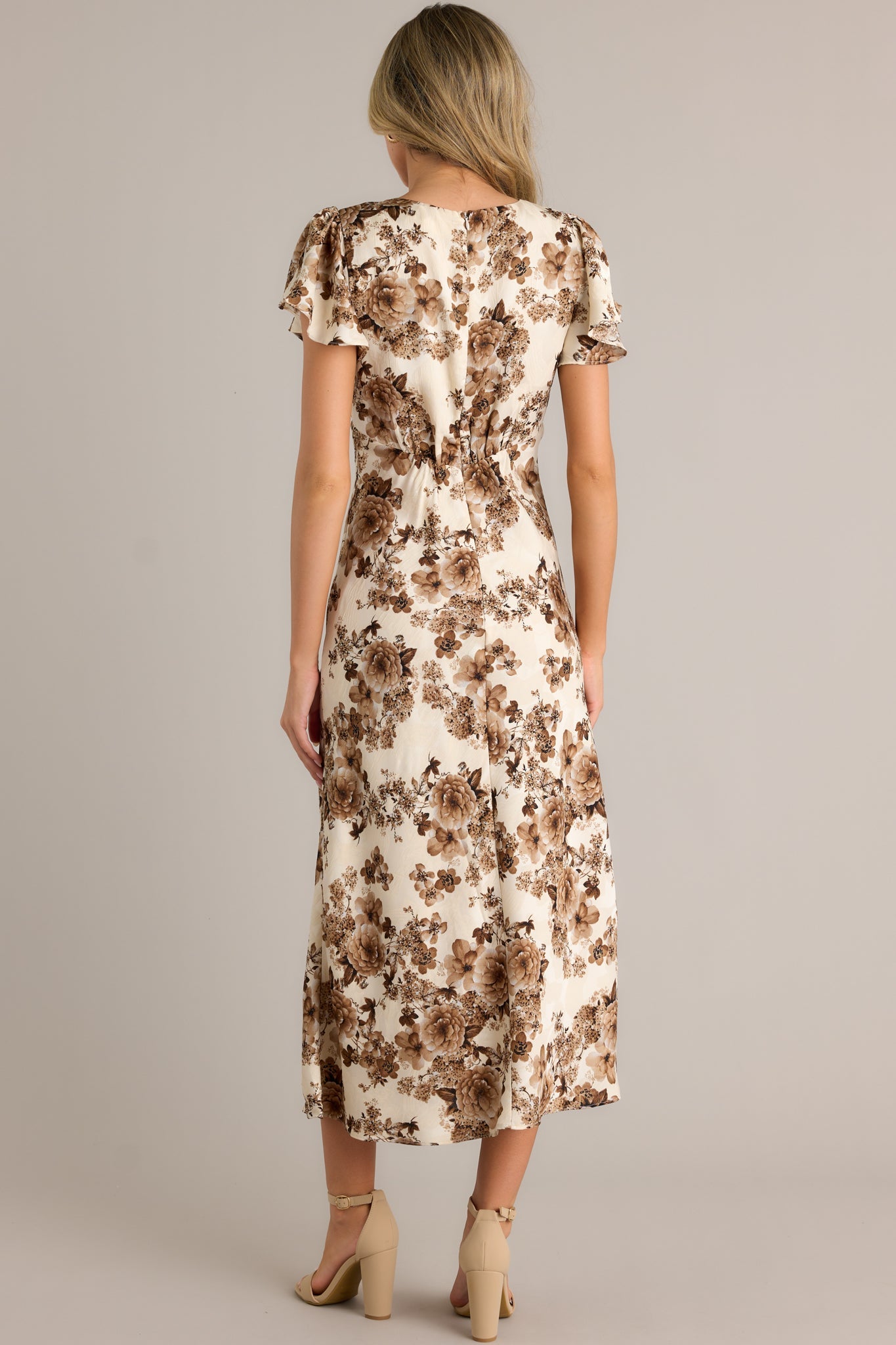 Finer Things Brown Floral Flutter Sleeve Maxi Dress