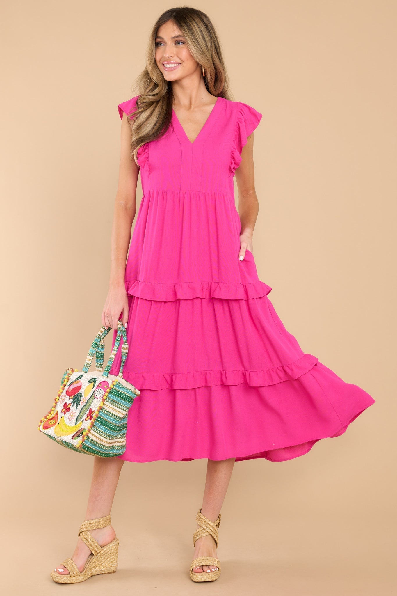 First Day Hot Pink Midi Dress