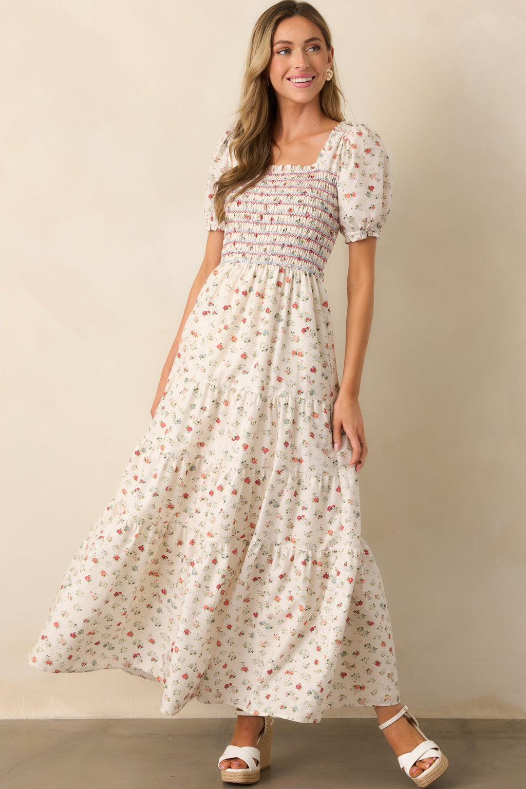 Floating Gardens Cotton Ivory Floral Puff Sleeve Maxi Dress
