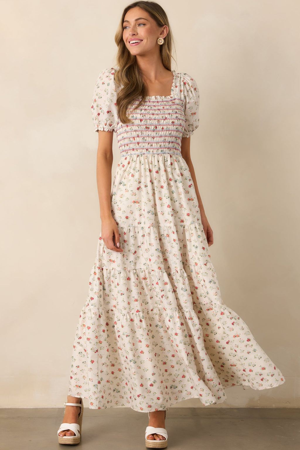 Floating Gardens Cotton Ivory Floral Puff Sleeve Maxi Dress