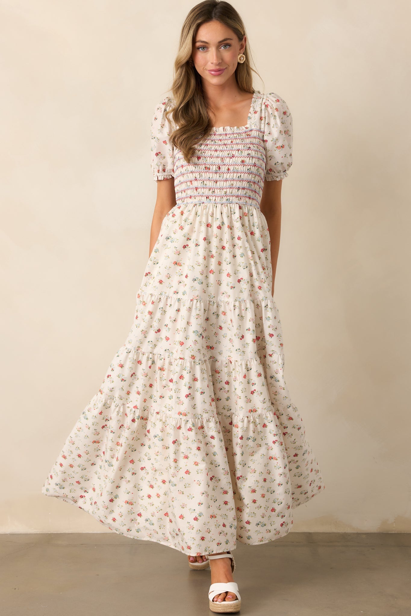 Floating Gardens Cotton Ivory Floral Puff Sleeve Maxi Dress