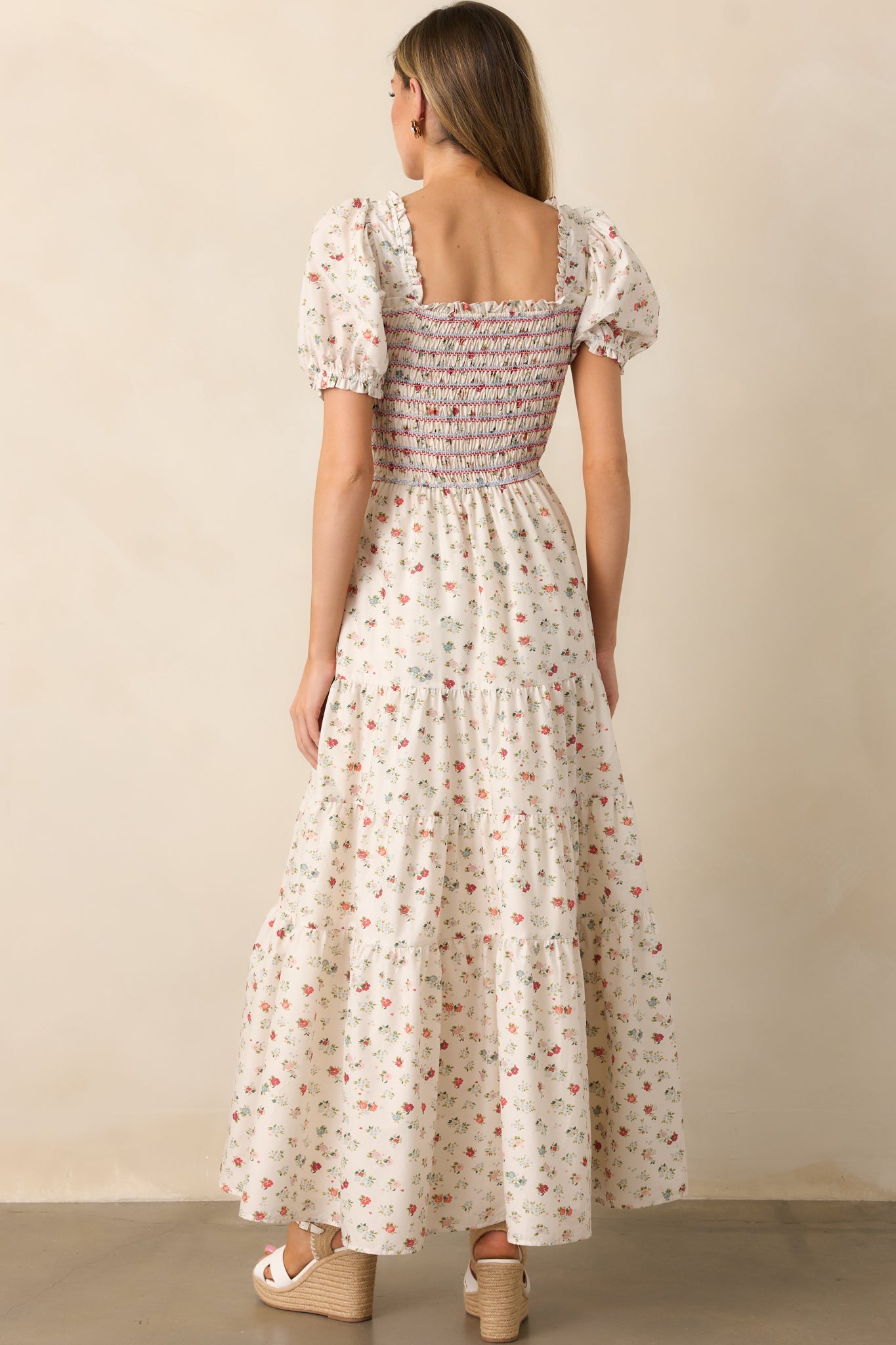 Floating Gardens Cotton Ivory Floral Puff Sleeve Maxi Dress
