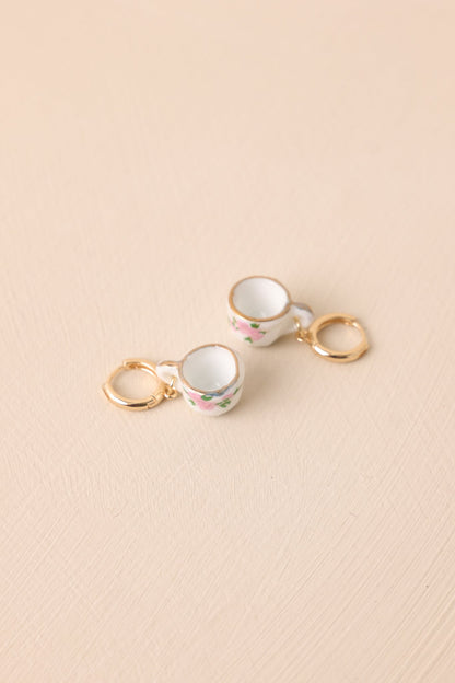 Café On The Corner White Floral Teacup Earrings
