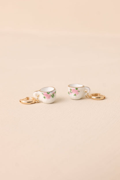 Café On The Corner White Floral Teacup Earrings