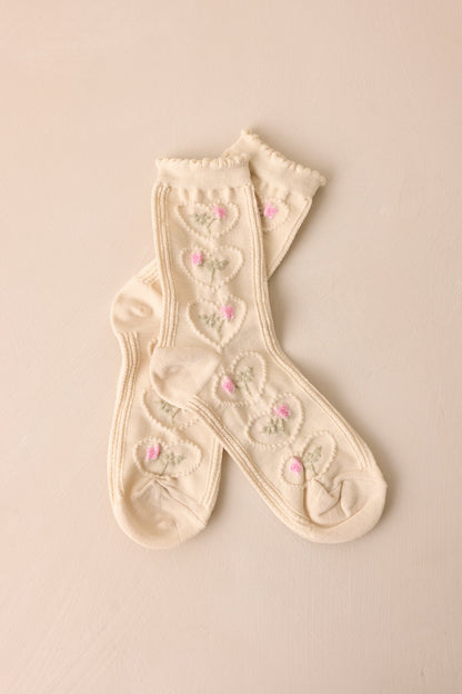 Heartwoven Garland Beige Floral Crew Socks
