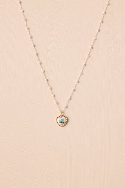 Feeling Connected Blue Floral Heart Faux Pearl Necklace