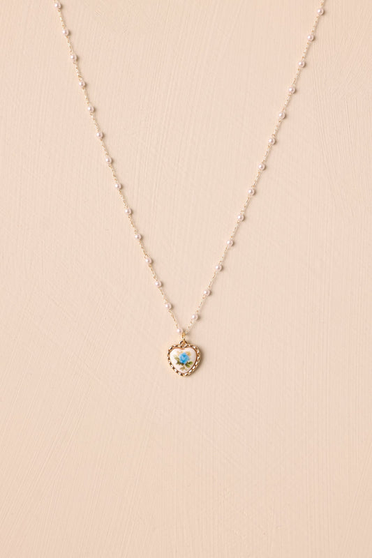 Feeling Connected Blue Floral Heart Faux Pearl Necklace