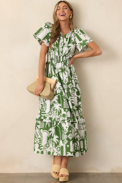 Island Glow Cotton Green Tropical Palm Print Maxi Dress