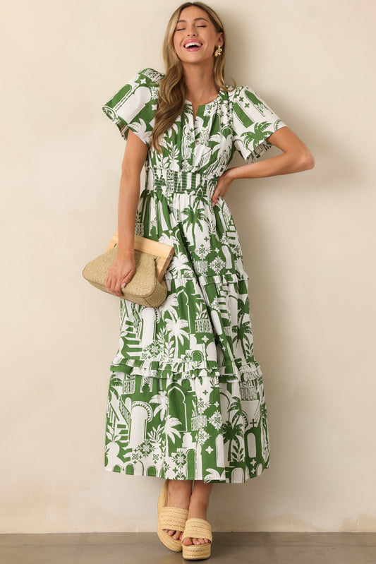 Island Glow Cotton Green Tropical Palm Print Maxi Dress
