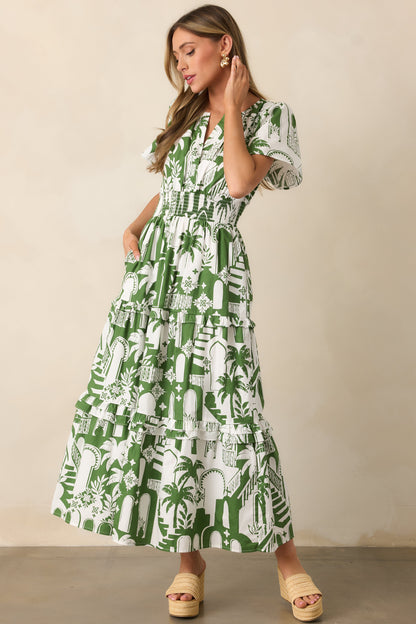 Island Glow Cotton Green Tropical Palm Print Maxi Dress