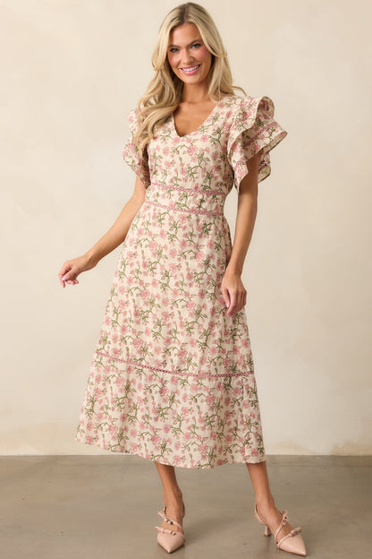 Dandelion Wishes Cotton Rose Pink Flutter Sleeve Midi Dress