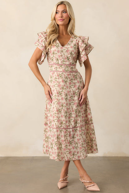 Dandelion Wishes Cotton Rose Pink Flutter Sleeve Midi Dress