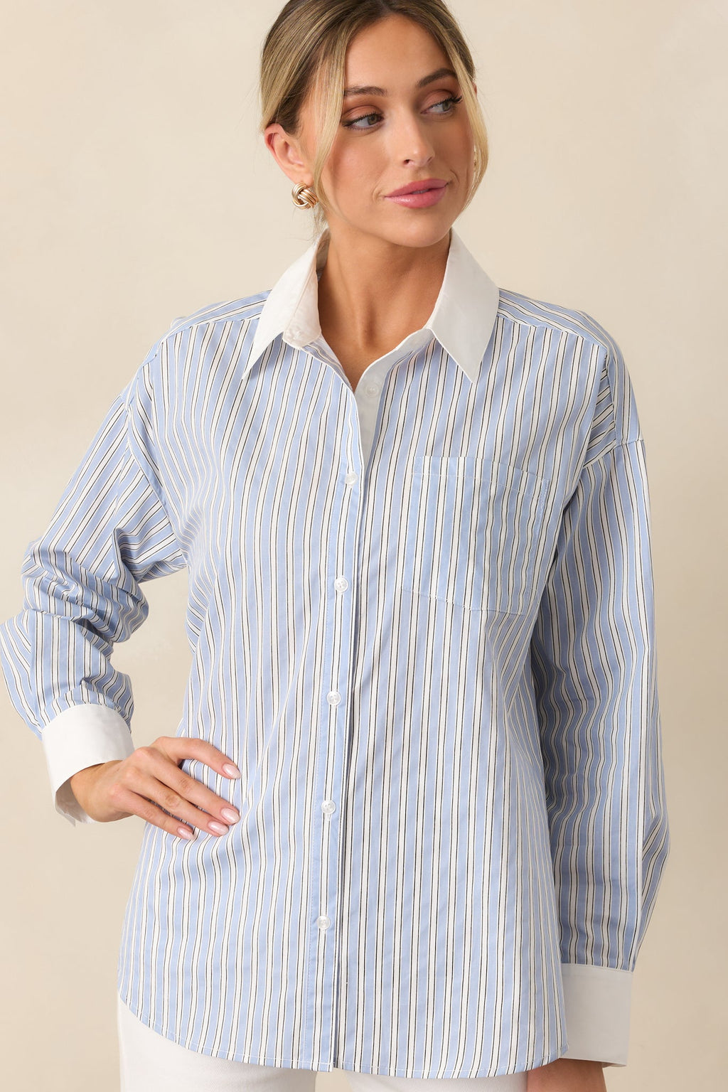 A Walk To The Bakery Blue Cotton Button Front Blouse