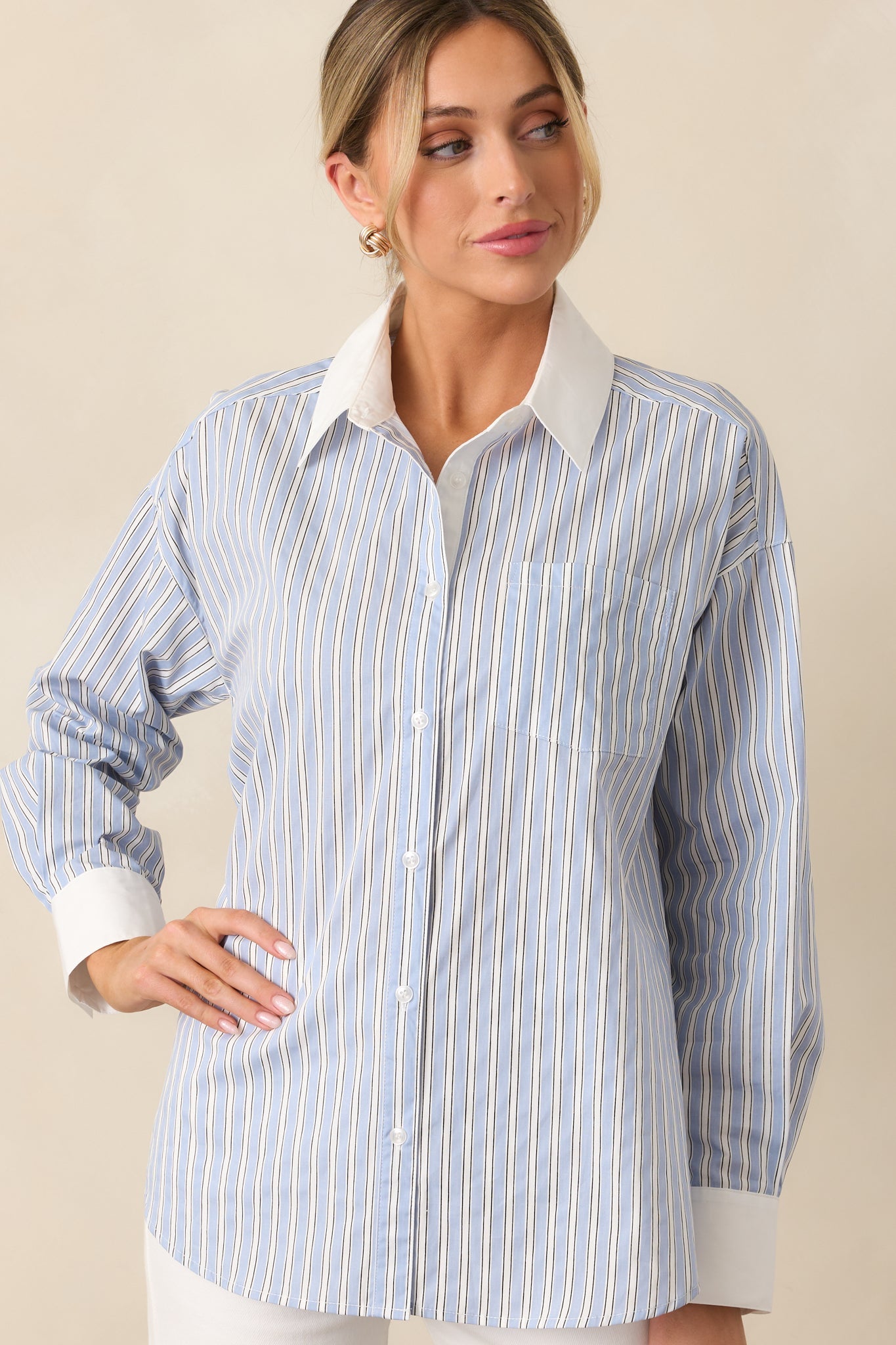 A Walk To The Bakery Blue Cotton Button Front Blouse