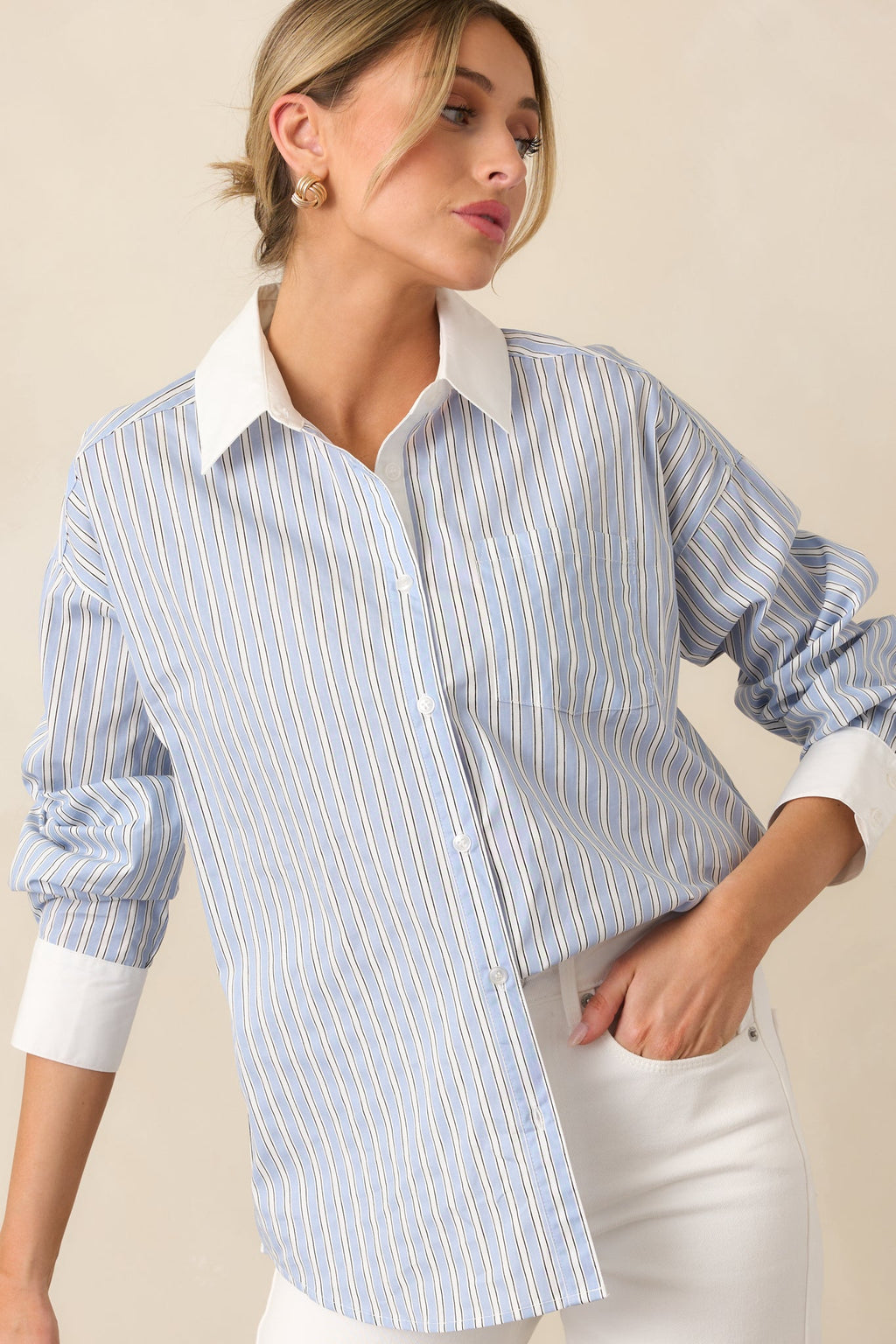 A Walk To The Bakery Blue Cotton Button Front Blouse