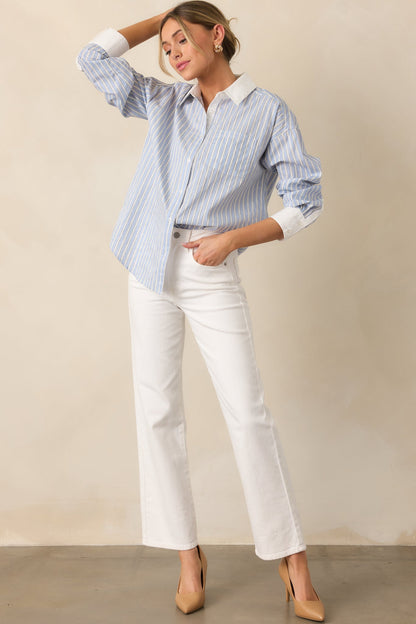 A Walk To The Bakery Blue Cotton Button Front Blouse