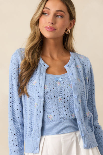 With The Tide Cotton Blue Floral Embroidered Cardigan