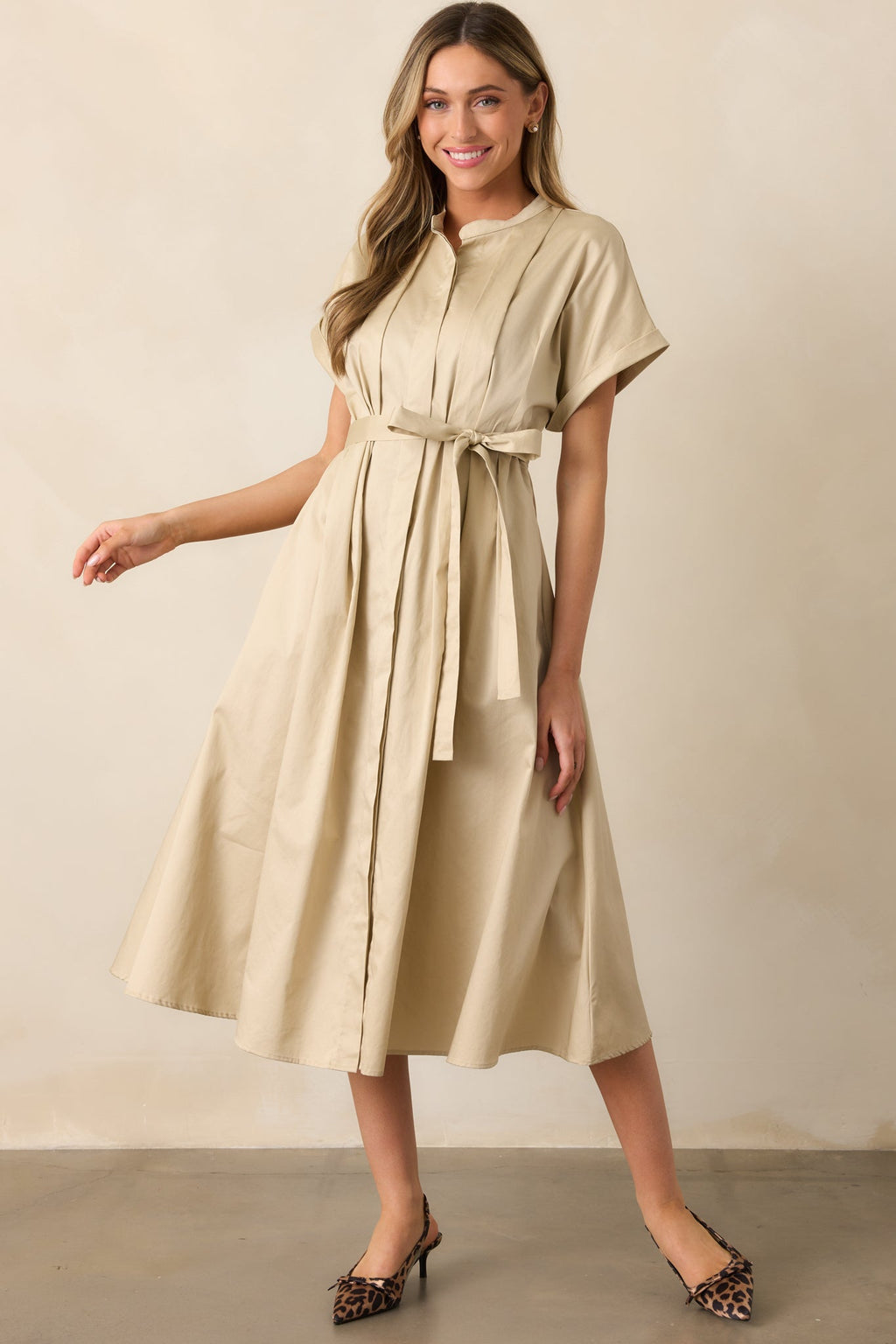 Late Nights Beige Cotton Button Front Midi Dress