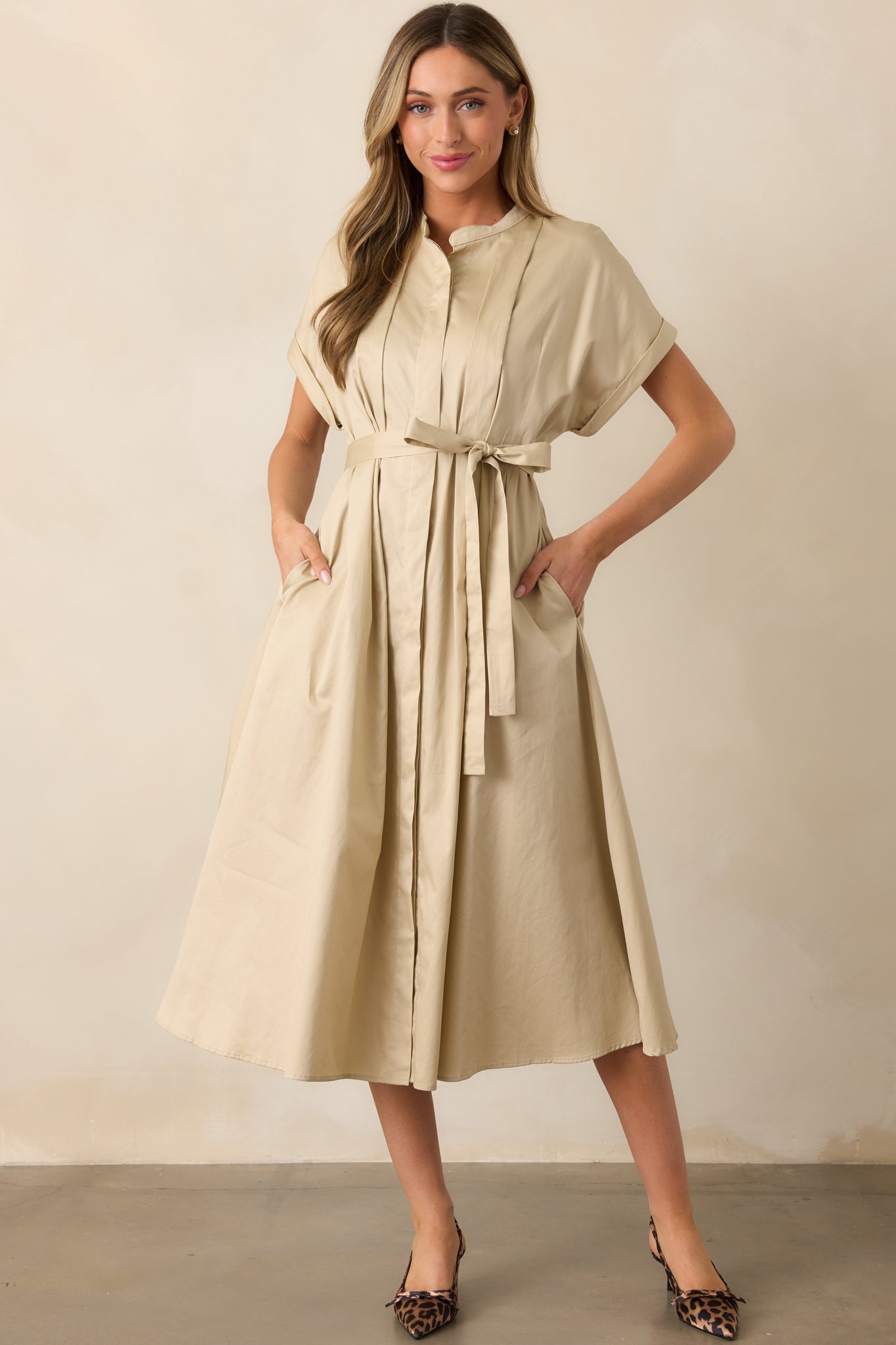 Late Nights Beige Cotton Button Front Midi Dress