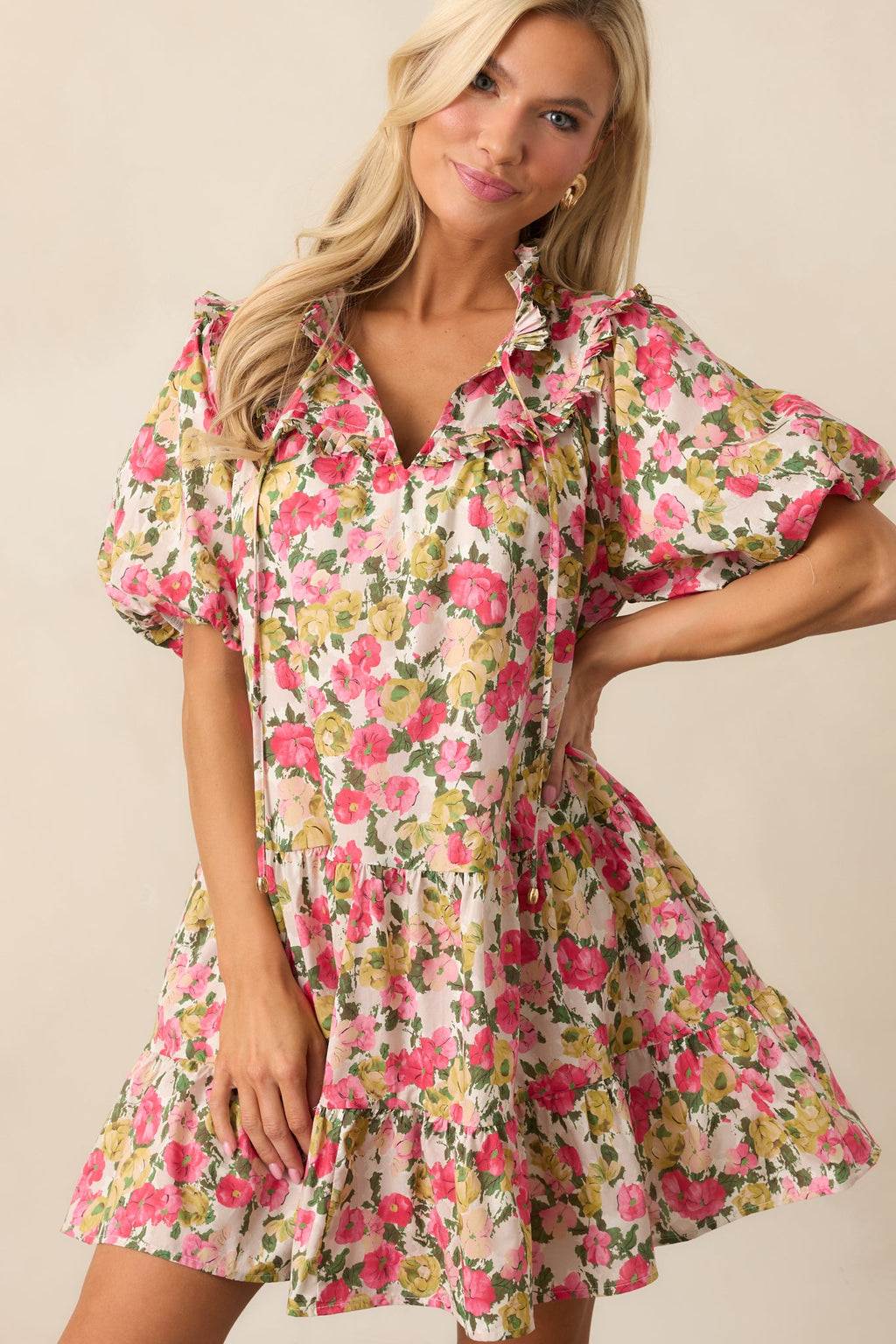 Botanical Garden Date Cotton Pink Puff Sleeve Mini Dress