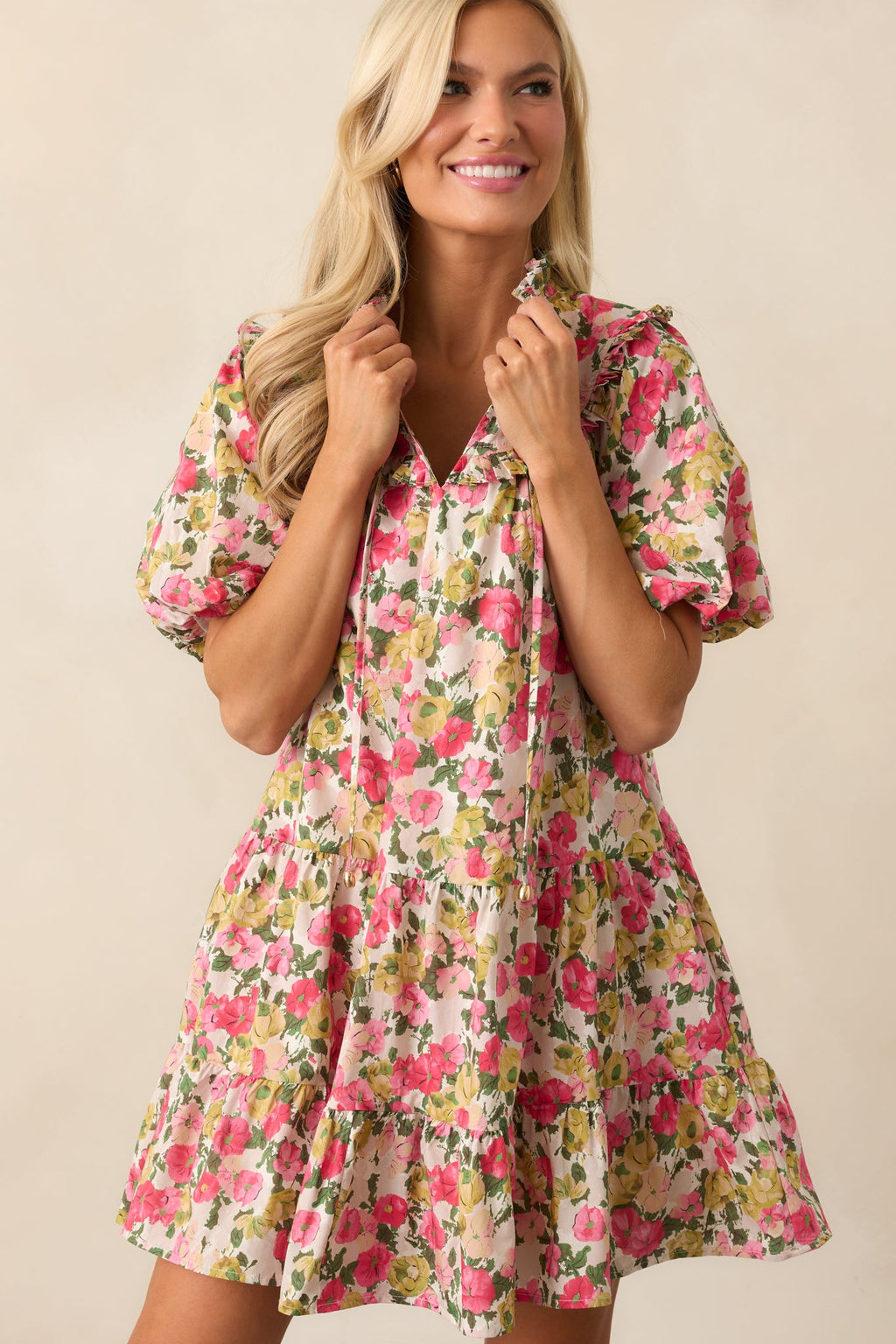 Botanical Garden Date Cotton Pink Puff Sleeve Mini Dress