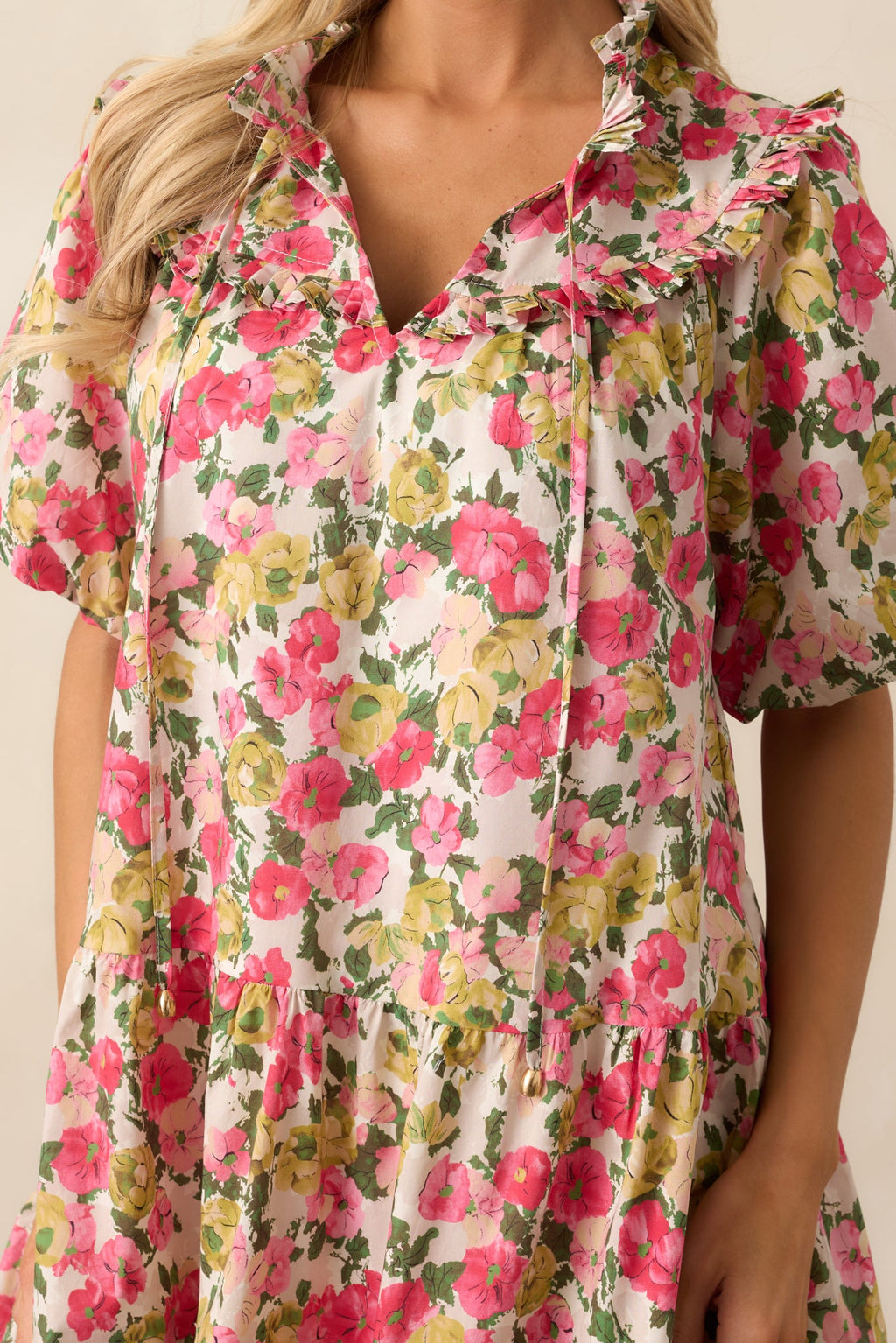 Botanical Garden Date Cotton Pink Puff Sleeve Mini Dress