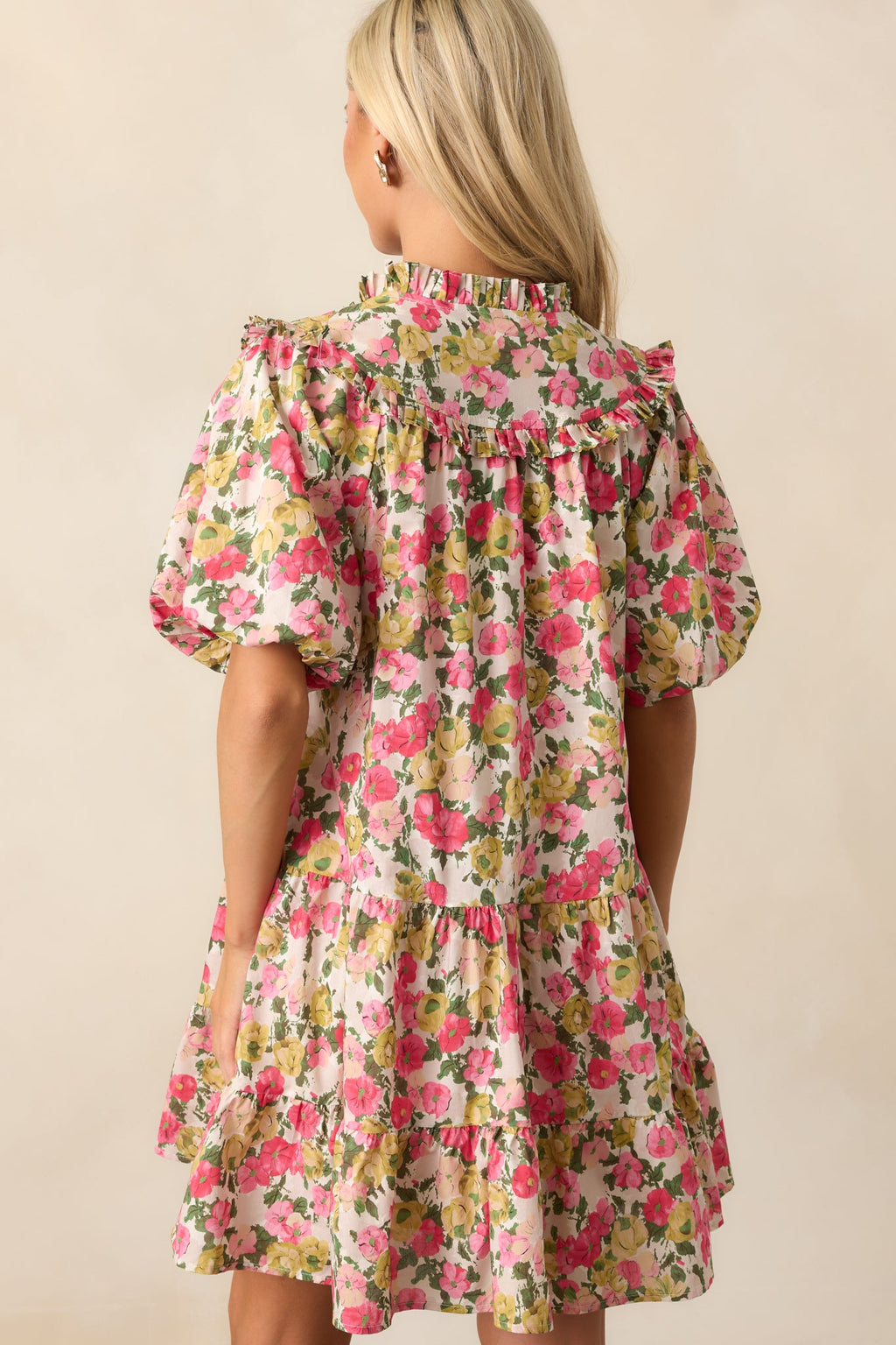 Botanical Garden Date Cotton Pink Puff Sleeve Mini Dress