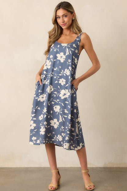 Breezing By Dusty Blue Floral Midi Dress