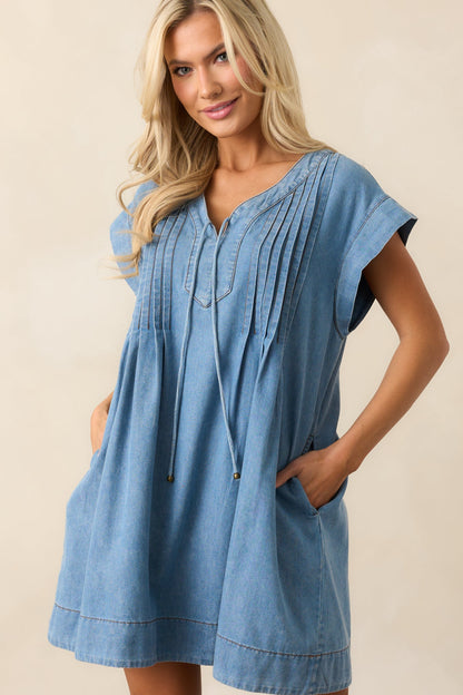Be Someone Light Wash Chambray Pleated Mini Dress