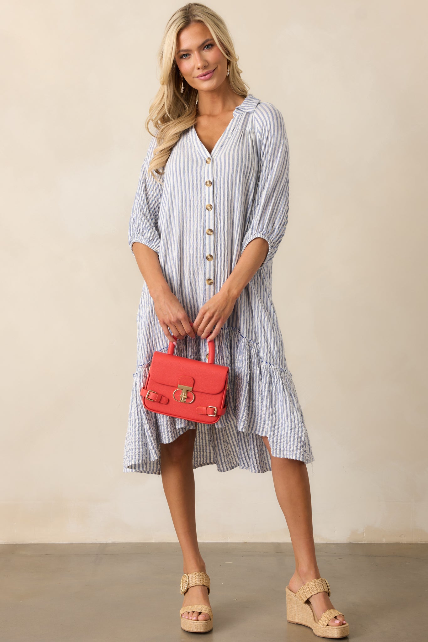 Into The Future Light Blue Stripe Button Front Mini Dress