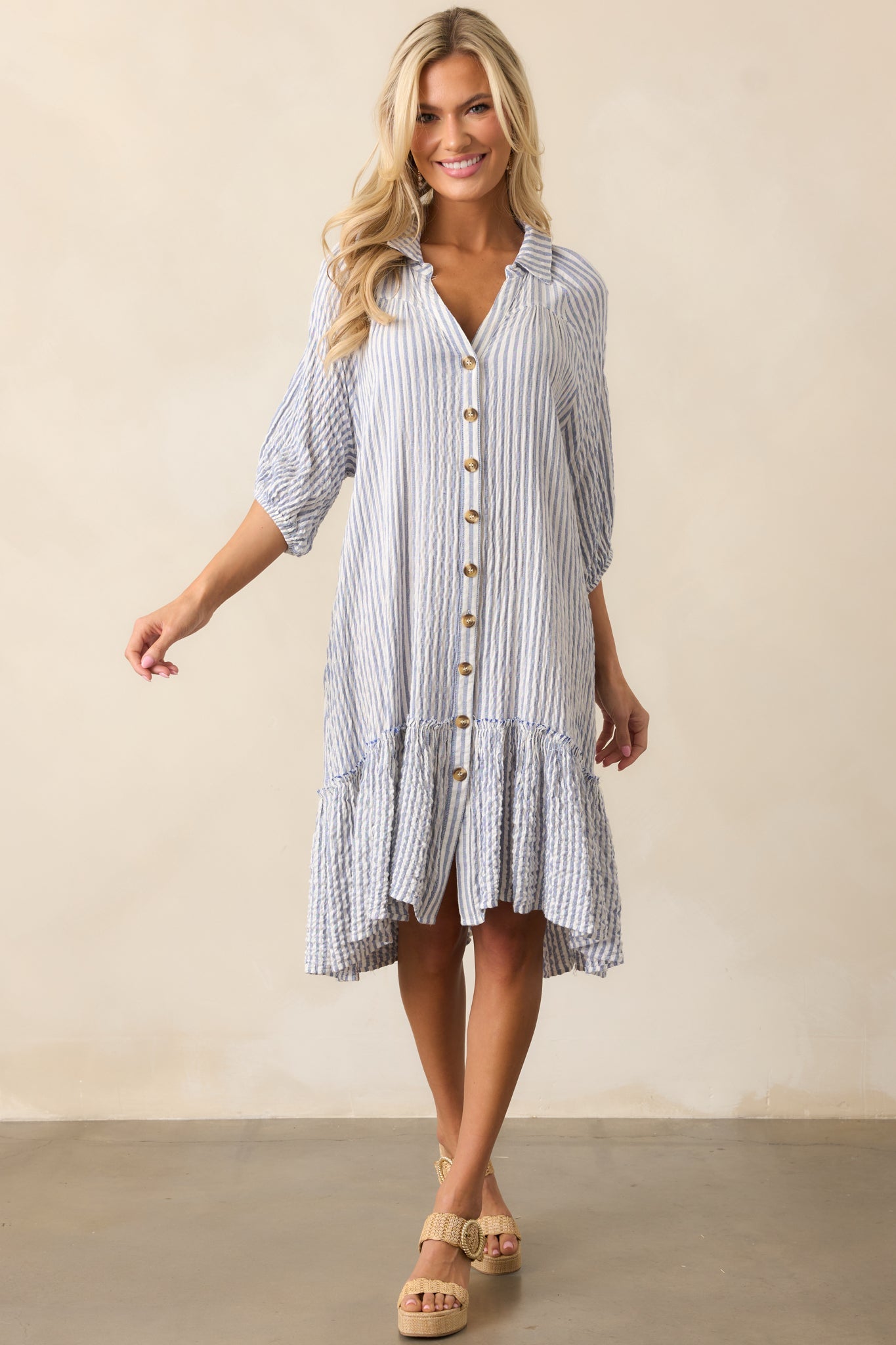 Into The Future Light Blue Stripe Button Front Mini Dress