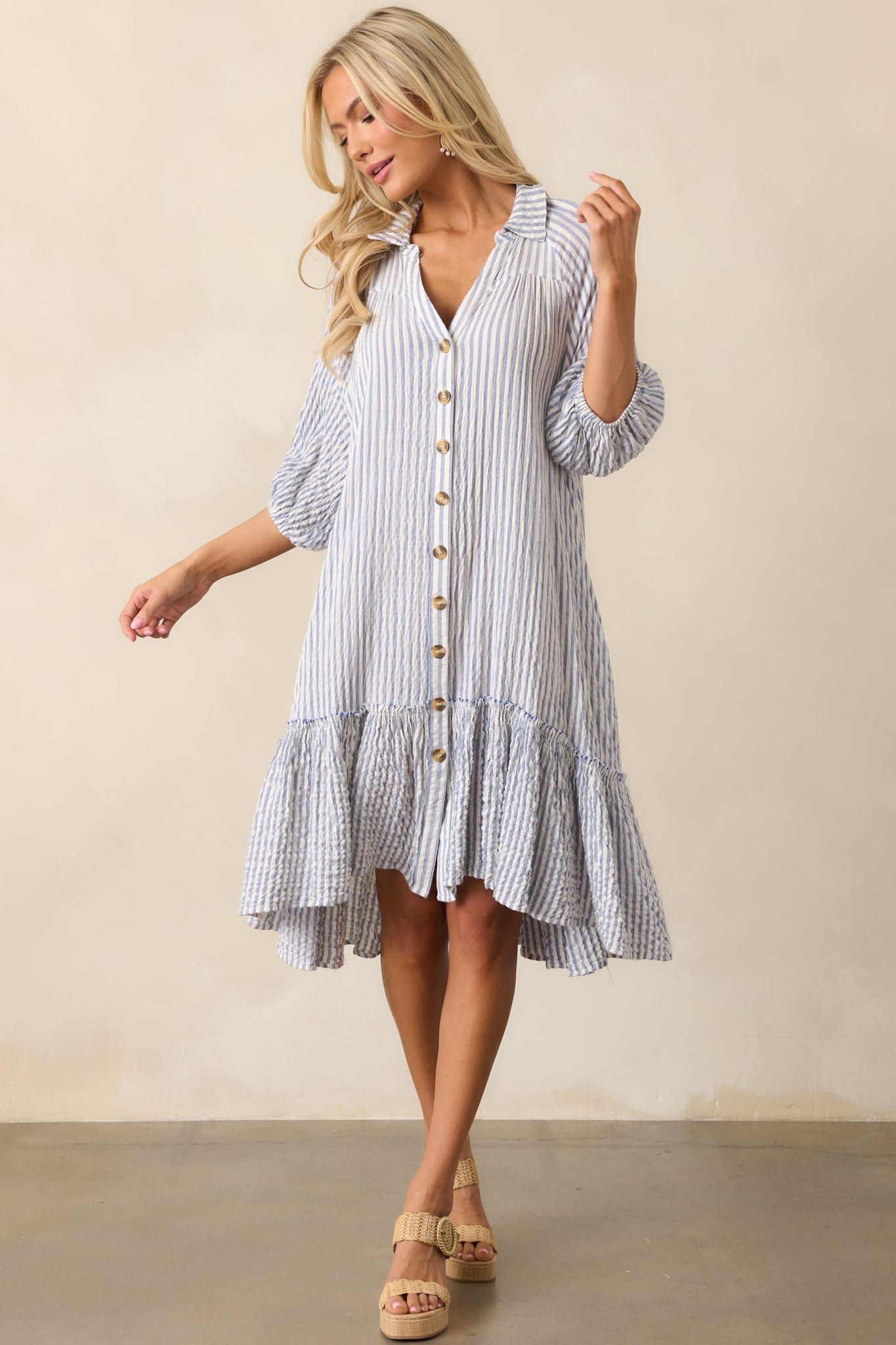 Into The Future Light Blue Stripe Button Front Mini Dress
