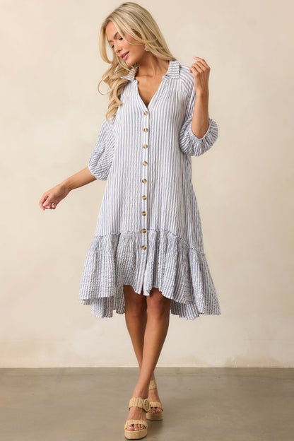 Into The Future Light Blue Stripe Button Front Mini Dress