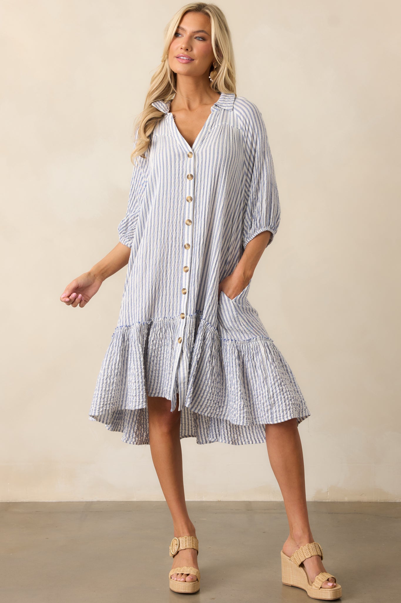 Into The Future Light Blue Stripe Button Front Mini Dress