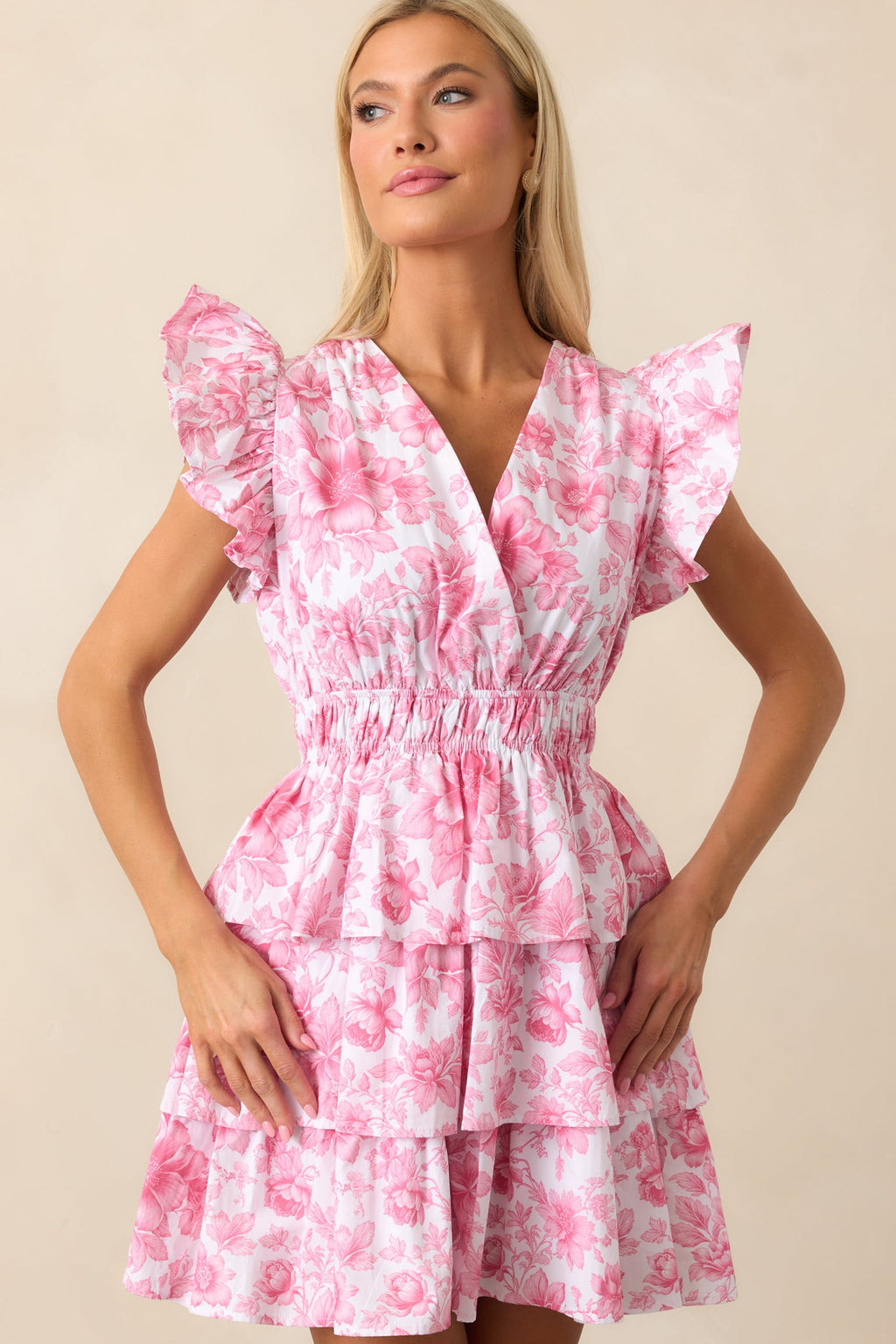 Bridget La France Dianthus Pink Floral Cotton Ruffle Mini Dress