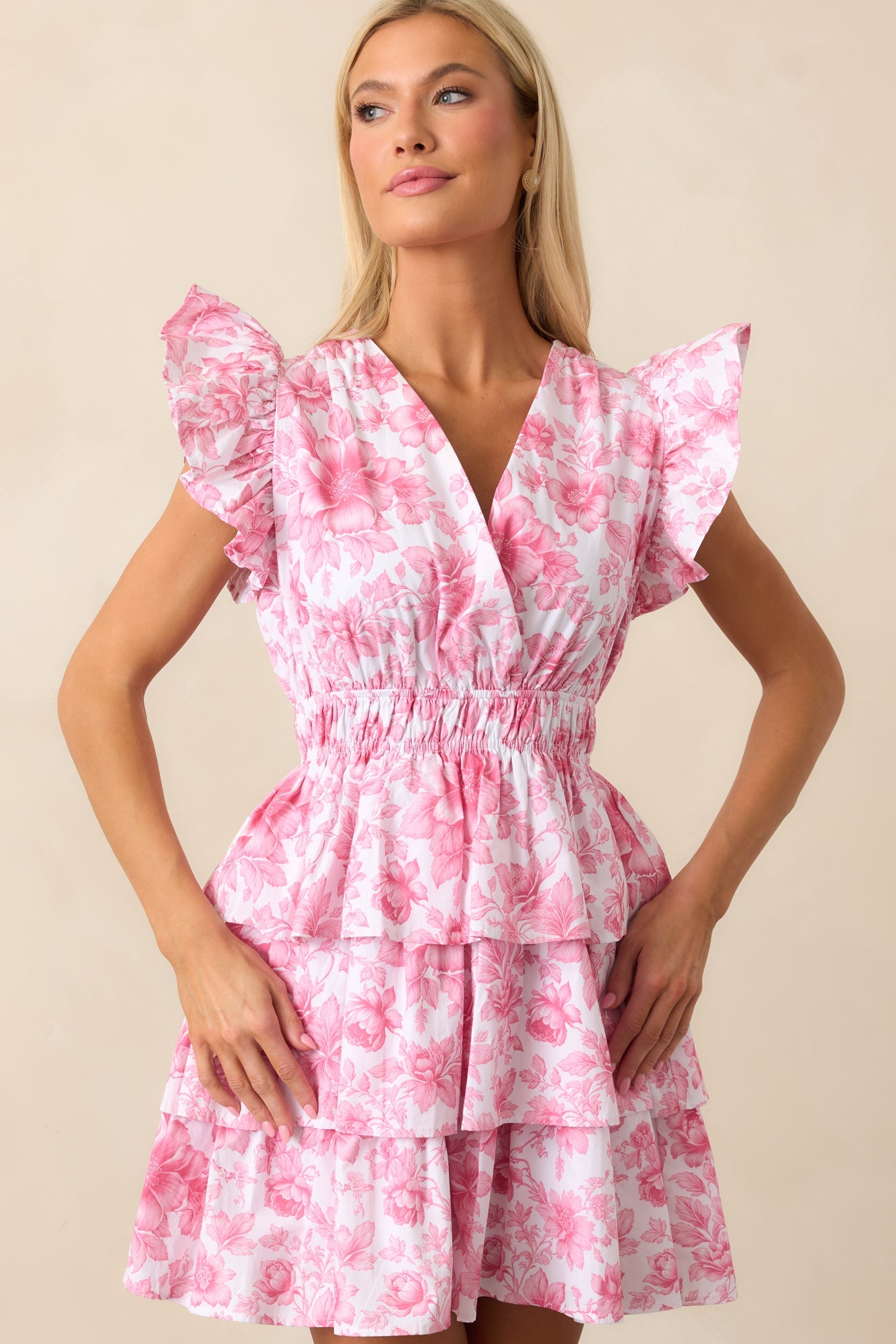 Bridget La France Dianthus Pink Floral Cotton Ruffle Mini Dress