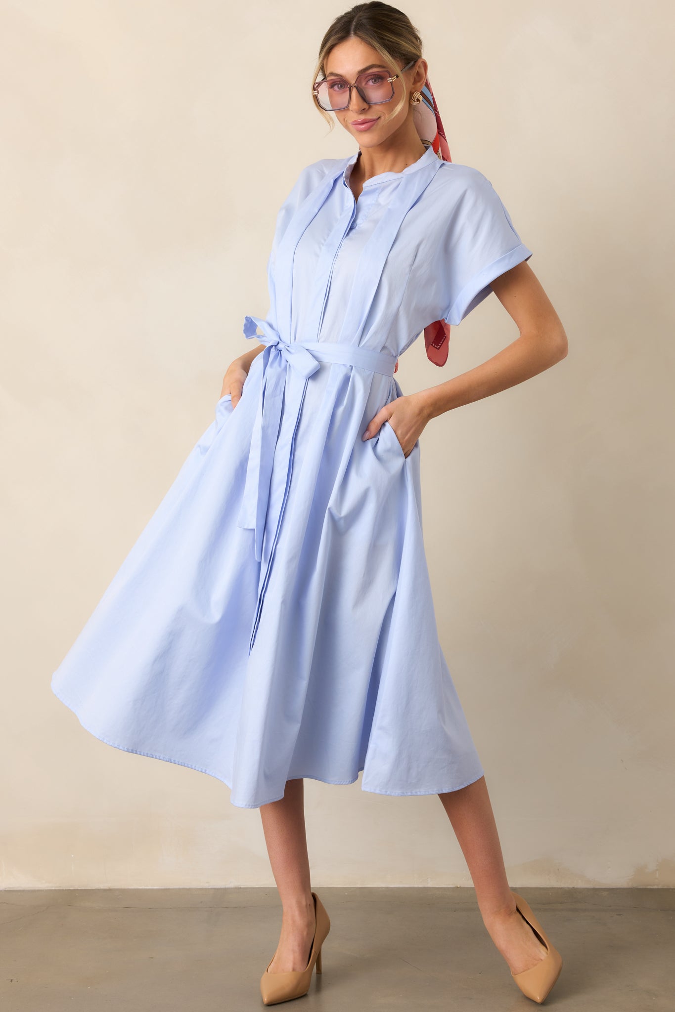 Late Nights Sky Blue Cotton Button Front Midi Dress