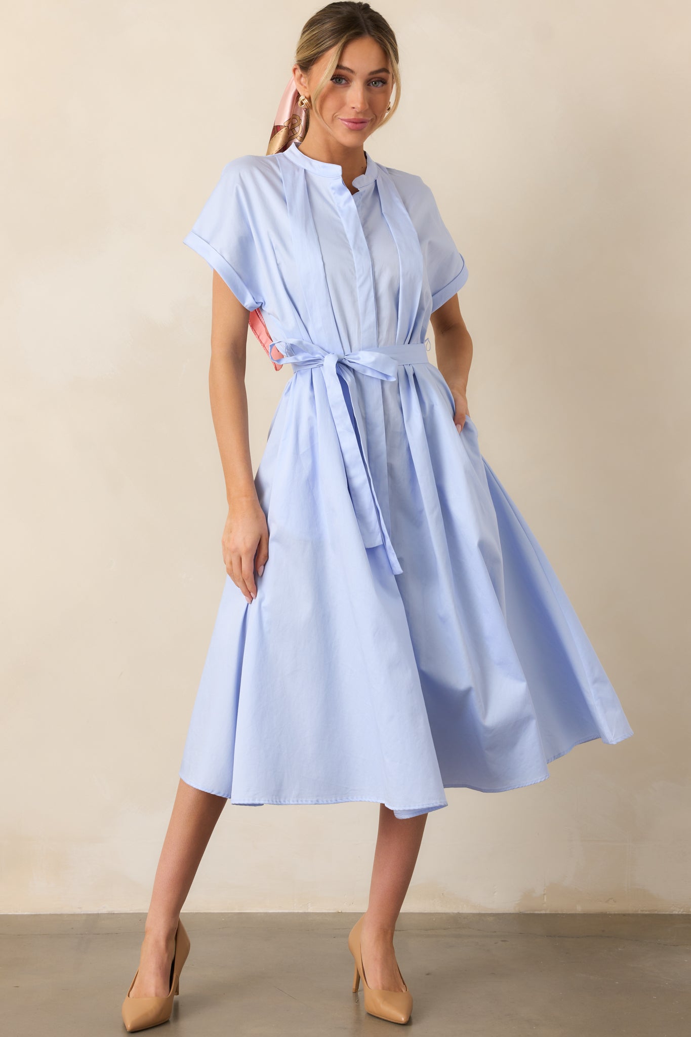 Late Nights Sky Blue Cotton Button Front Midi Dress