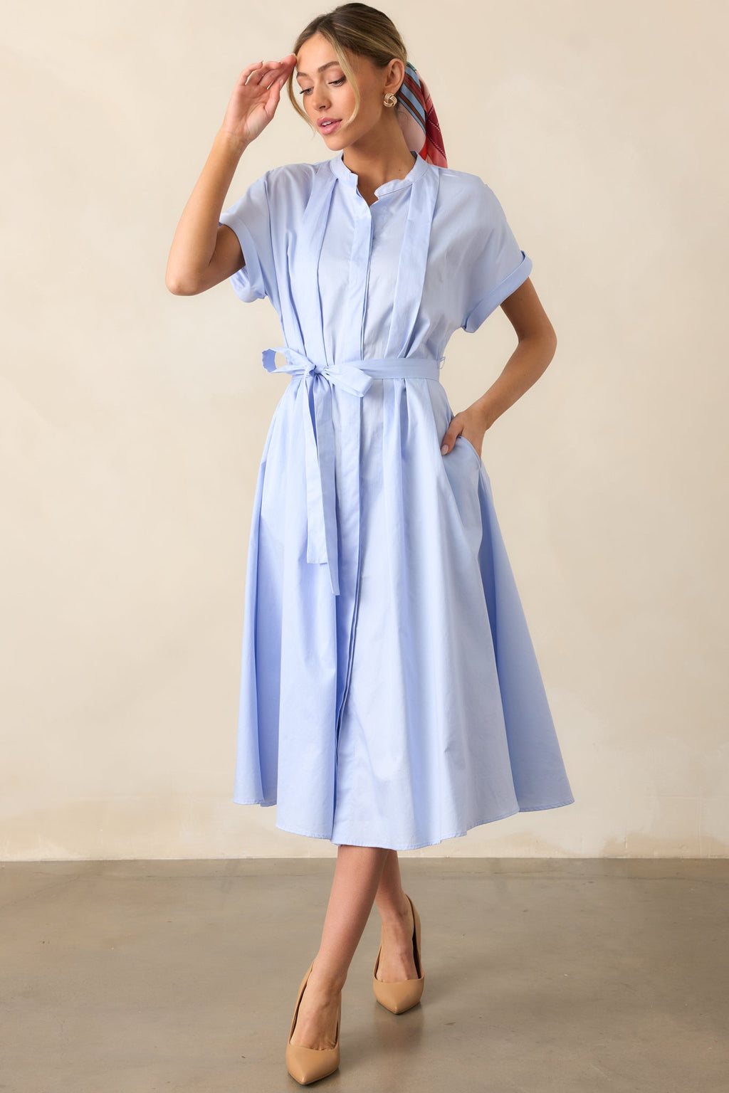 Late Nights Sky Blue Cotton Button Front Midi Dress