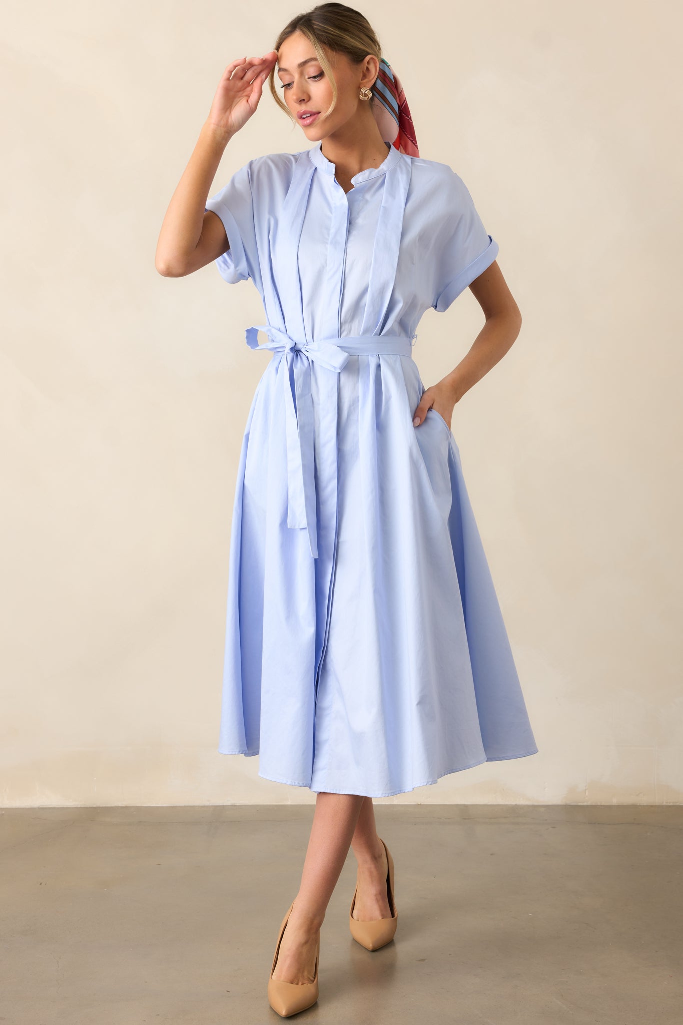 Late Nights Sky Blue Cotton Button Front Midi Dress