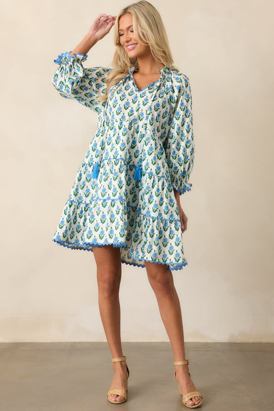 In Good Hands Blue Floral Cotton Mini Dress