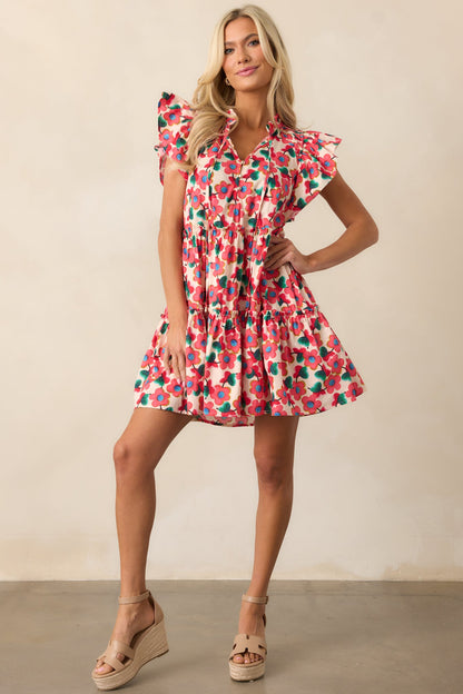 All You Need Red Floral Cotton Flutter Sleeve Mini Dress