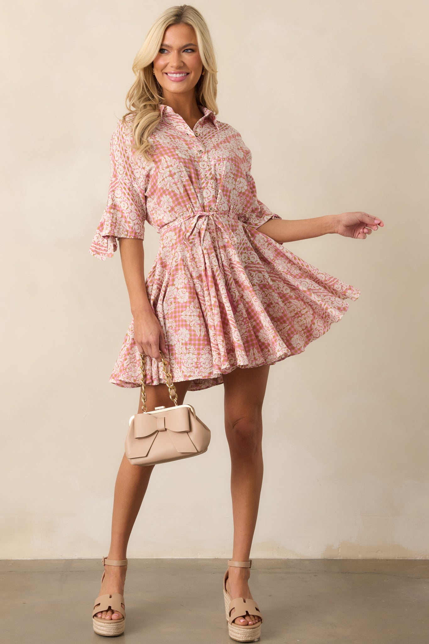 Beach Bum Rose Pink Floral Button Front Mini Dress