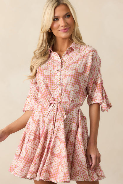 Beach Bum Rose Pink Floral Button Front Mini Dress