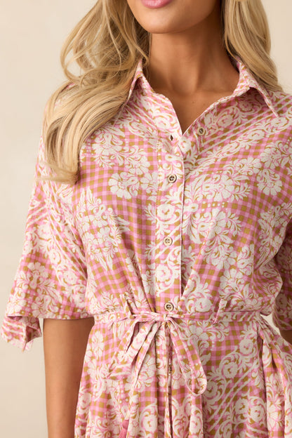 Beach Bum Rose Pink Floral Button Front Mini Dress