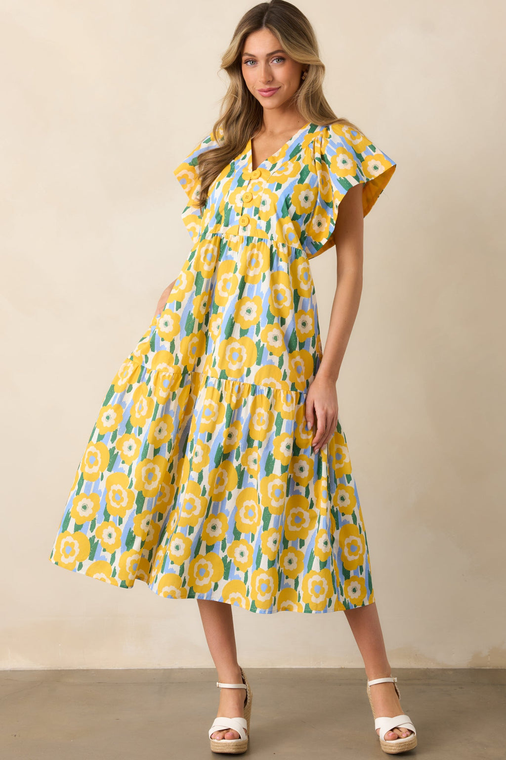 Daisy Date Night Yellow Floral Cotton Midi Dress