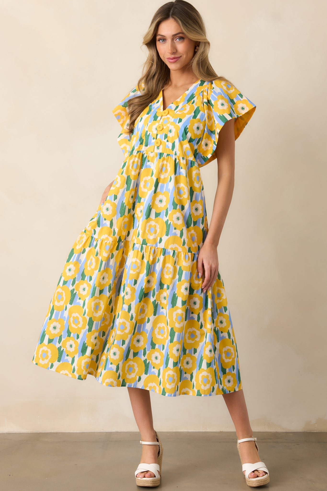 Daisy Date Night Yellow Floral Cotton Midi Dress